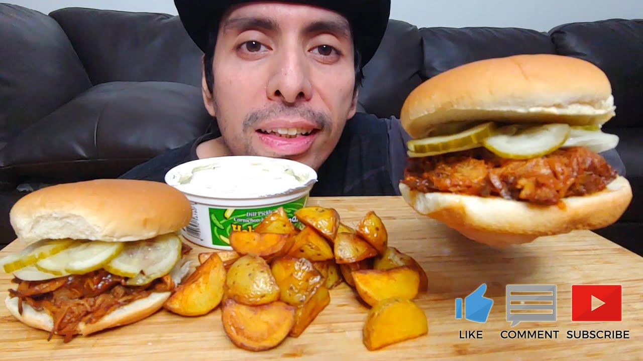 PULLED PORK SANDWICHES WITH POTATOES AND DILL PICKLE DIP MUKBANG EATING SHOW