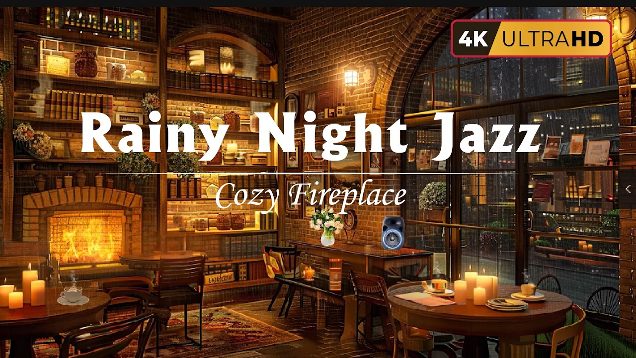 Rainy Night Coffee Shop Ambience with Relaxing Jazz Music and Rain Sounds, Cozy Fireplace for sleep
