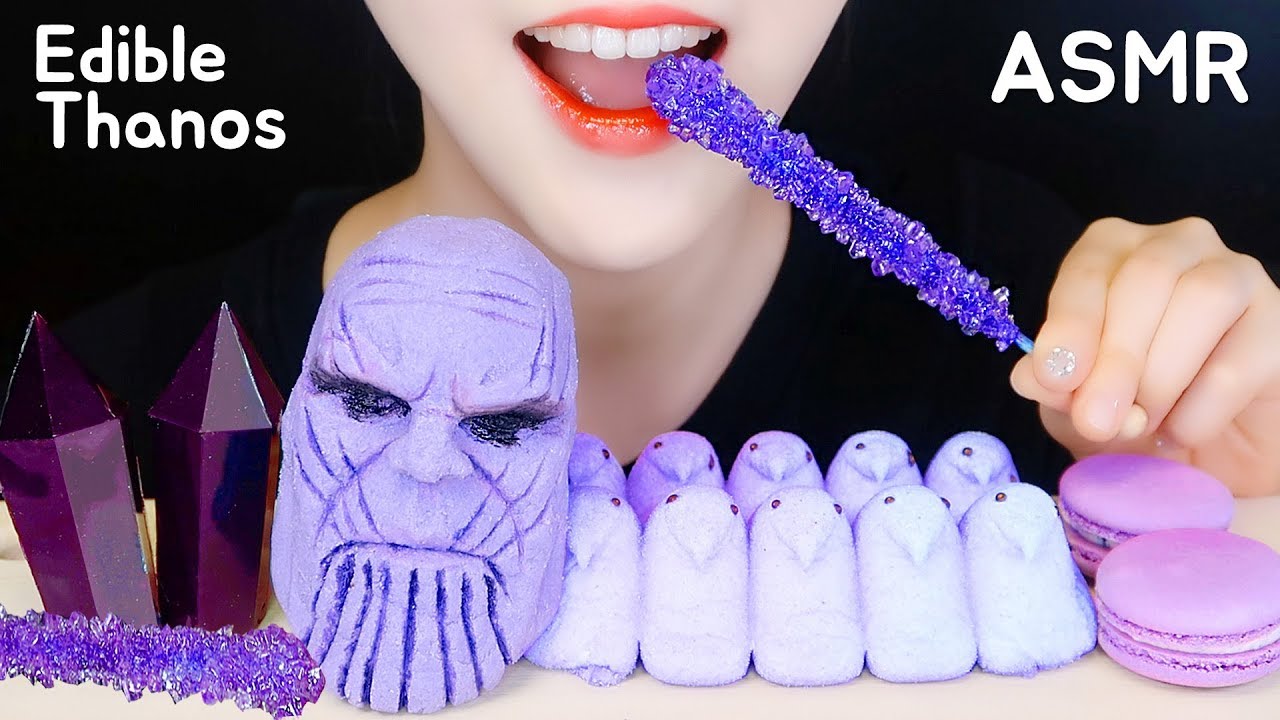 PURPLE FOOD ASMR EDIBLE THANOS ASMR ROCK CANDY, PEEPS, MACARON, JELLY ASMR NO TALKING
