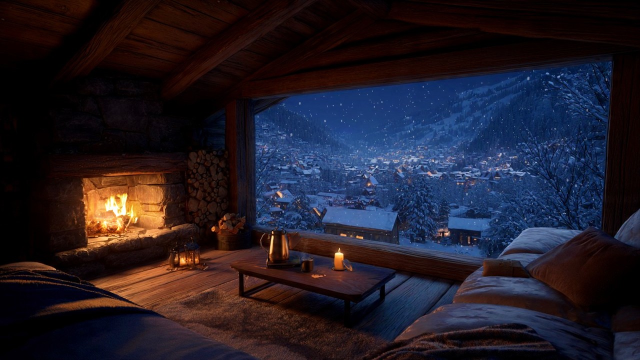 ❄️🔥 Snowy Cabin at Night & Crackling Fireplace | Sleep, Study & Relaxation