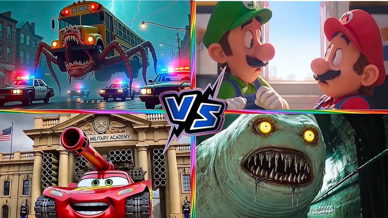 McQueen TANK VS Head Eater  VS Super MARIO VS School Bus Monster Tiles Hop EDM Rush 13