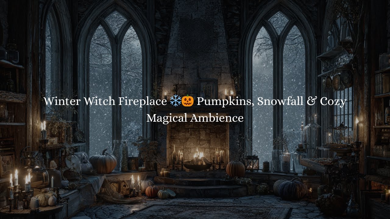 Winter Witch Fireplace ❄️🎃 Pumpkins, Snowfall & Cozy Magical Ambience