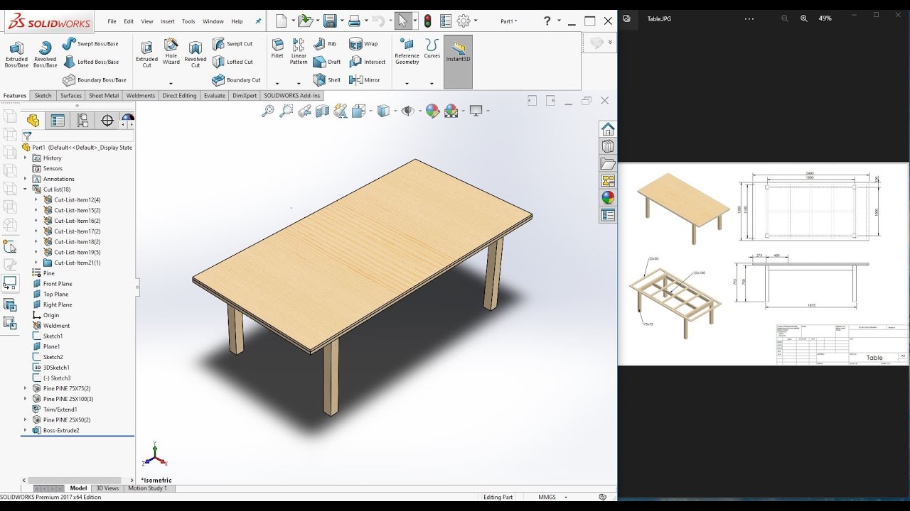 SolidWorks Weldments - Wooden Table Design