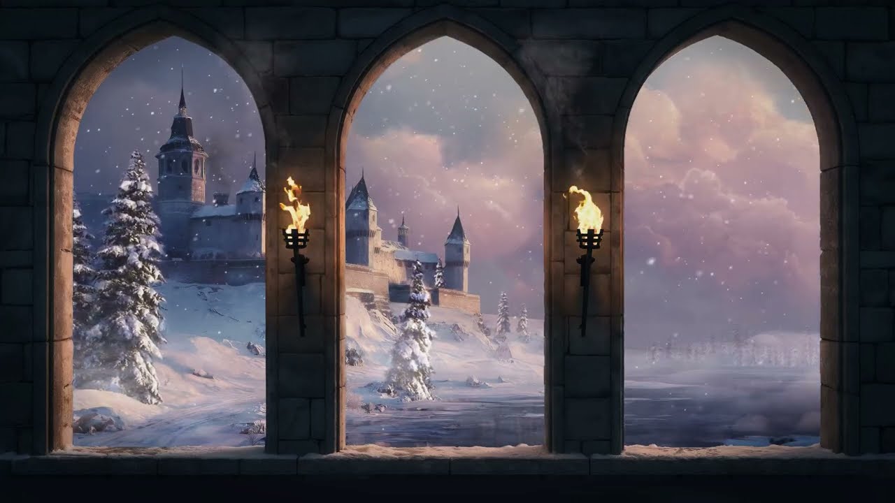 Frozen Castle Ambience ❄️🏰 | Winter Wind & Crackling Fire Sounds