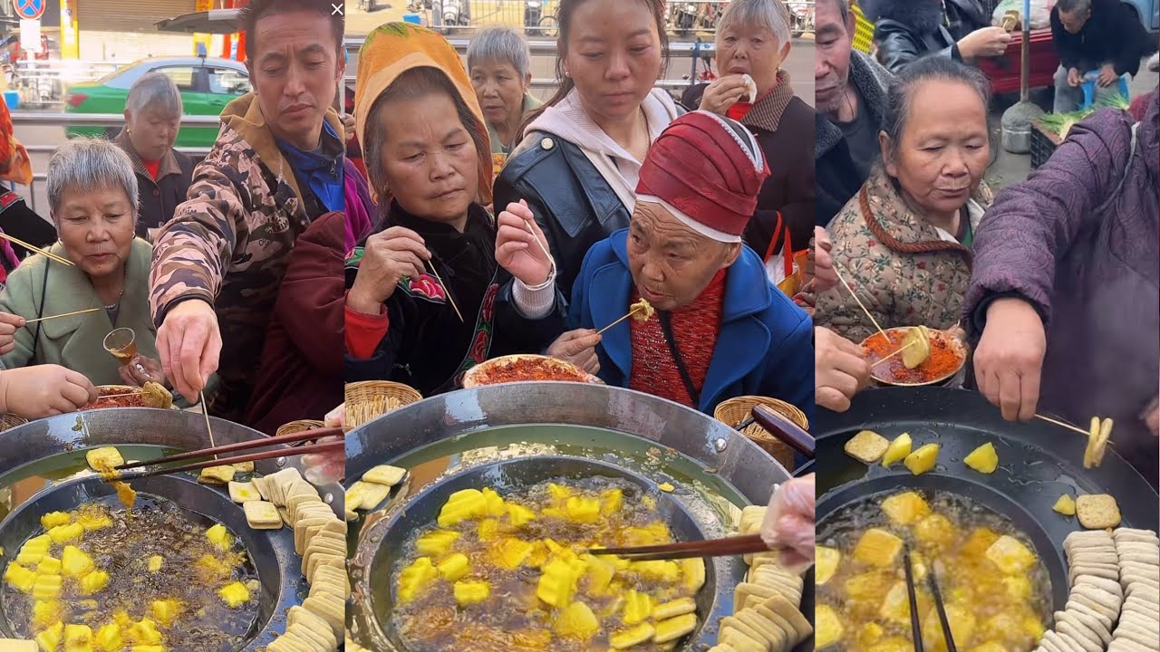 Cooking deep fried potato and dried tofu, eating  for free, Cooking food live.  #food #cooking