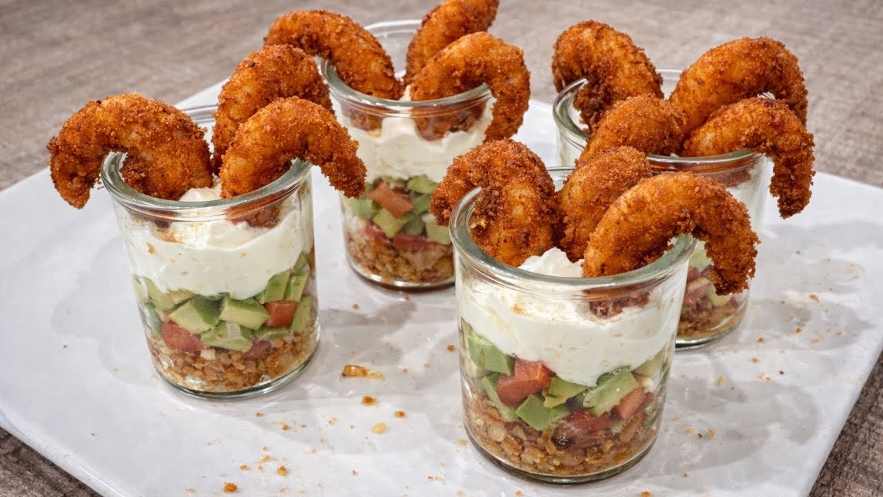 Vasitos gourmet con langostinos. Relleno súper cremoso