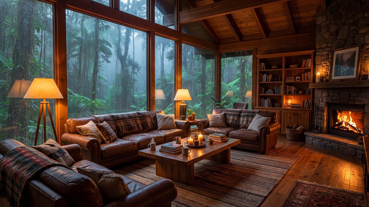 Cozy Rainy Cabin Ambience 🌧️ Smooth Jazz Music and Warm Fireplace for Relaxation, Sleep