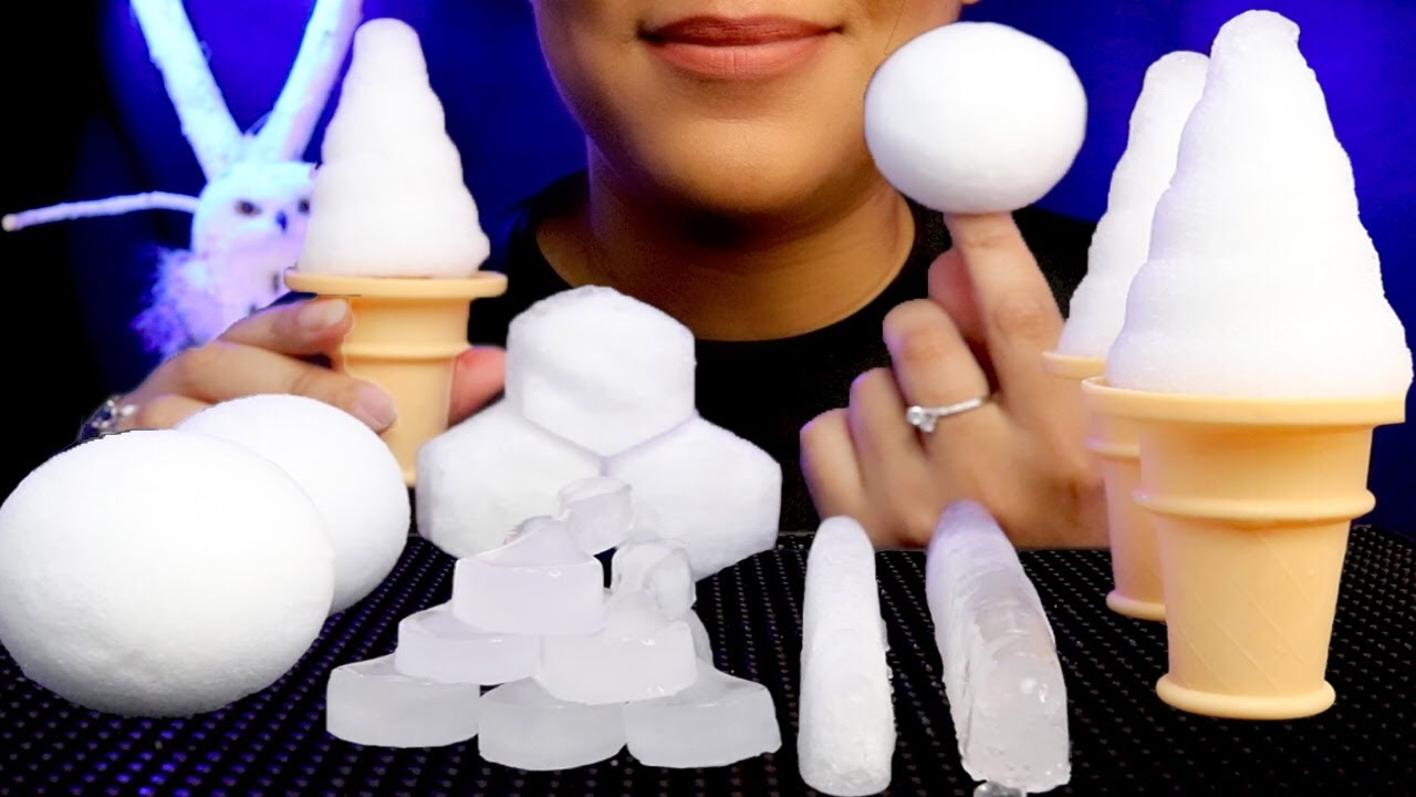 ASMR White Ice Shaped Foods/Snowballs/Eating/No Talking