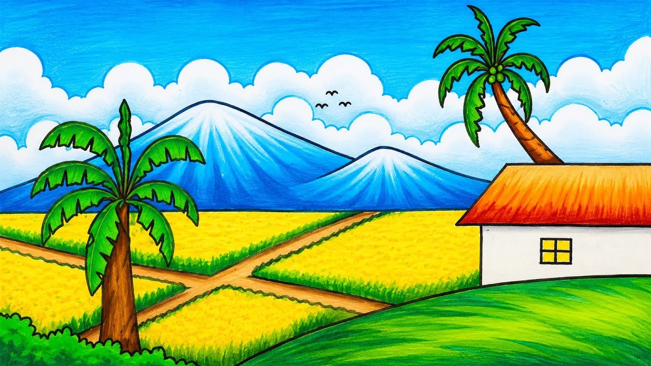 Easy Rice Fields Scenery Drawing | How to Draw Scenery of Paddy Fields with Oil Pastels