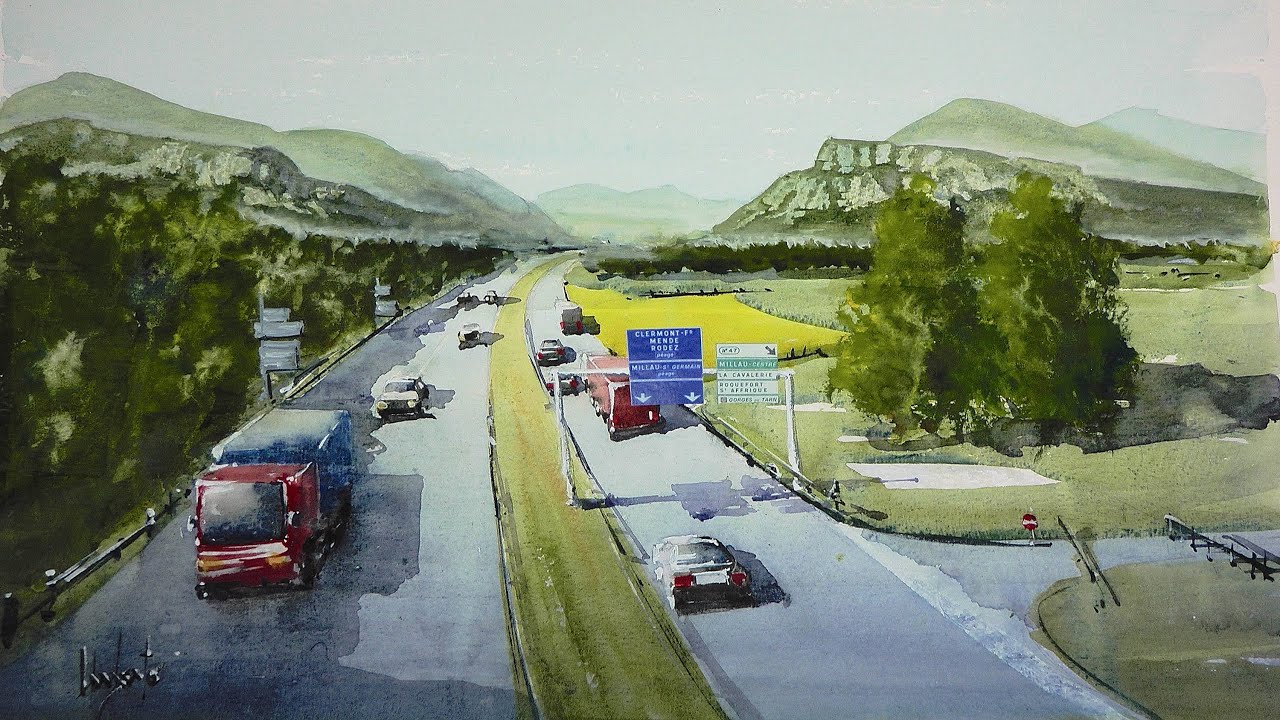 You will see how to paint a landscape with a motorway in watercolor technique