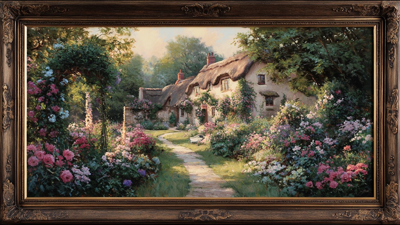 Sunlit English Cottage Garden Painting | Frame TV Art Display | 4K Art Screensaver