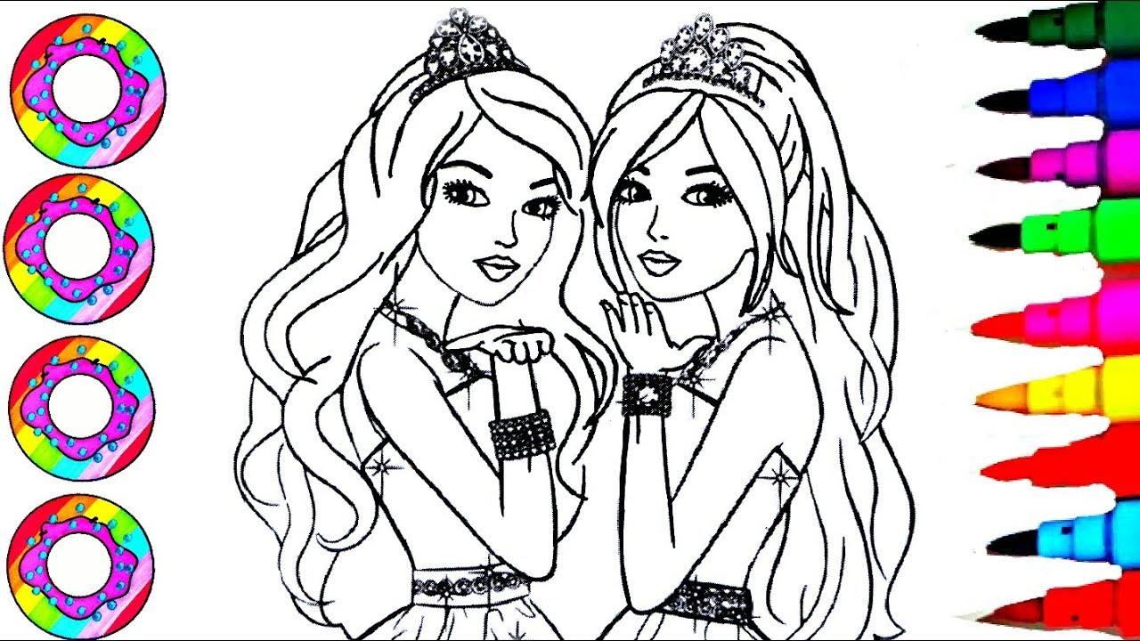 Colouring Drawings Disney's Princess Barbie Twin Sister with Sparkle Rainbow Tiara Coloring Pages