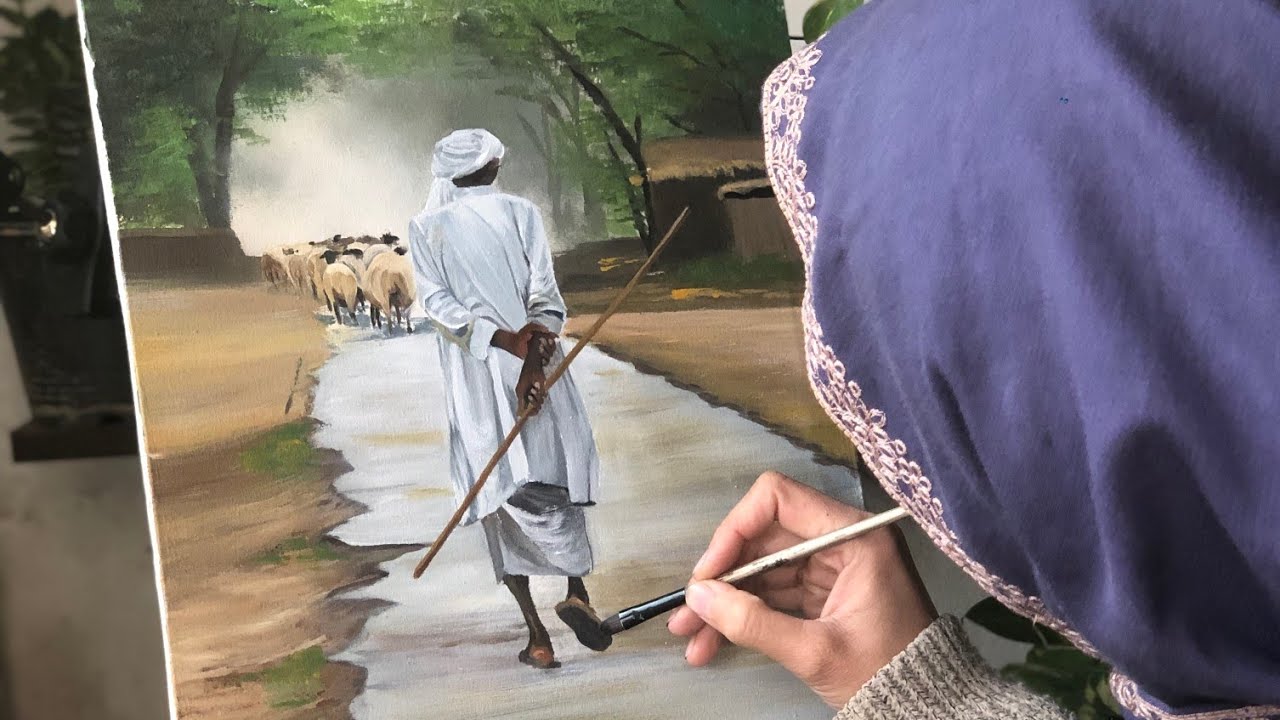 Punjab Village Painting | Acrylic Painting of Village Scene with an Old Man and Sheep 