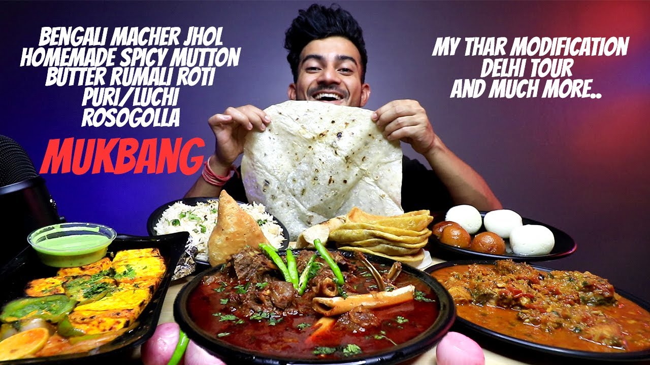 Eating Bengali Macher Jhol, Spicy Mutton with Luchi/Puri, Fried Rice, Rosogolla, Gulab Jamun MUKBANG
