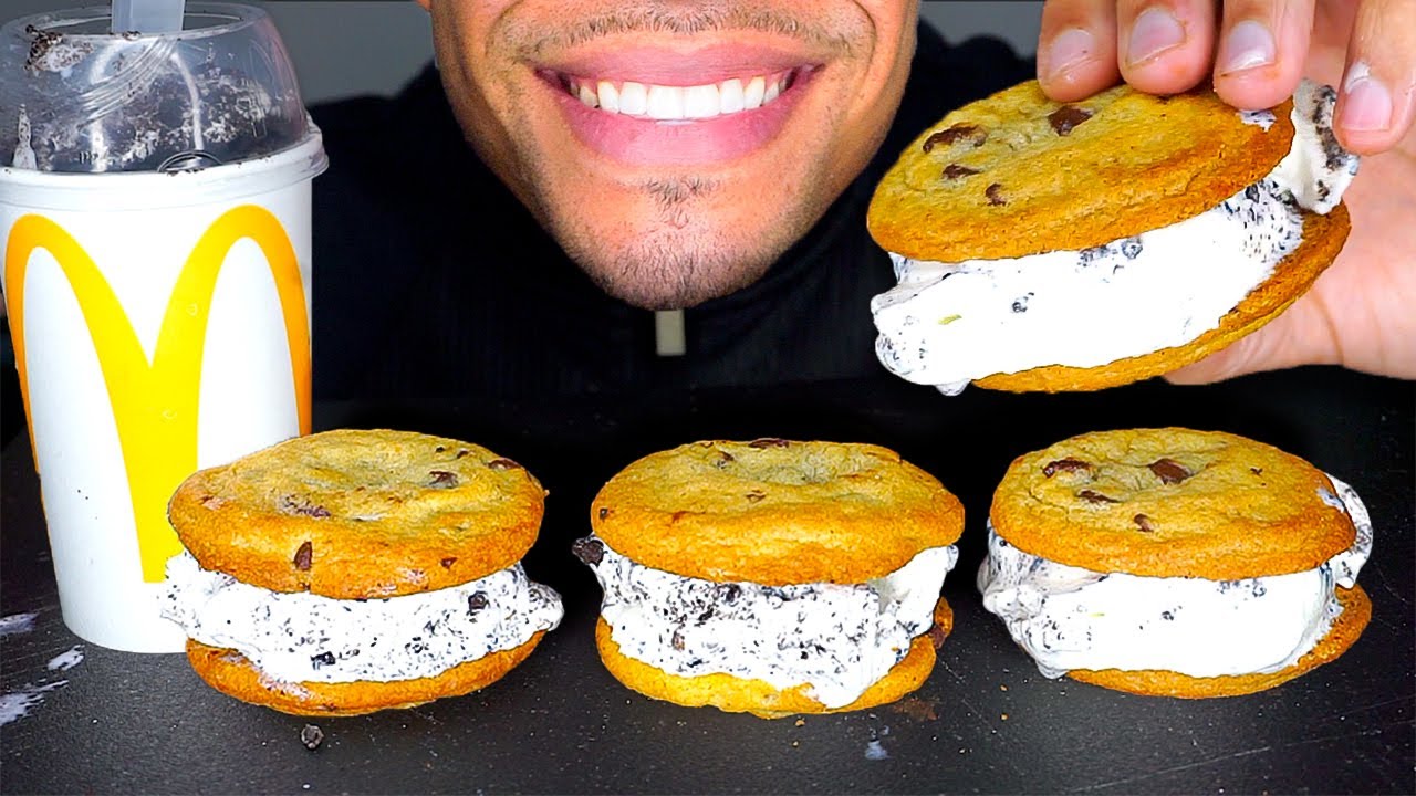 MCDONALD'S ICE CREAM SANDWICHES OREO MCFLURRY COOKIES AND CREAM EATING SHOW MOUTH SOUNDS NO TALKING