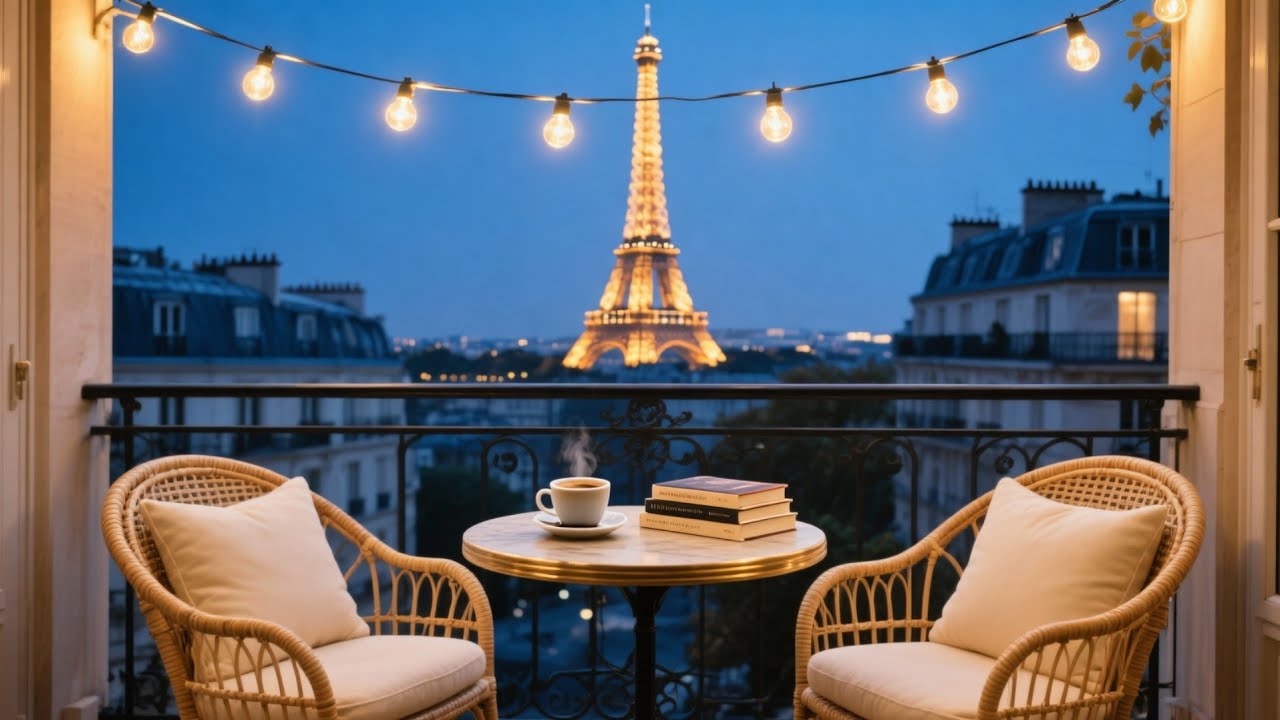 Romantic Paris Jazz 🍷 Luxury Apartment Balcony at Blue Hour [Eiffel Tower View]