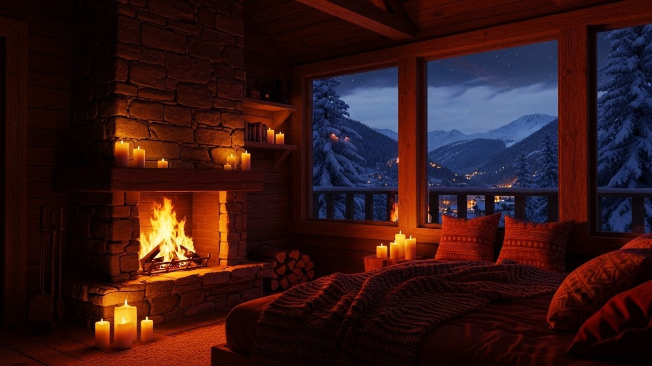 Soft Piano Music + Snow Cabin in Forest + Quiet Winter Snow Sounds + Sleep Therapy ❄️🌲
