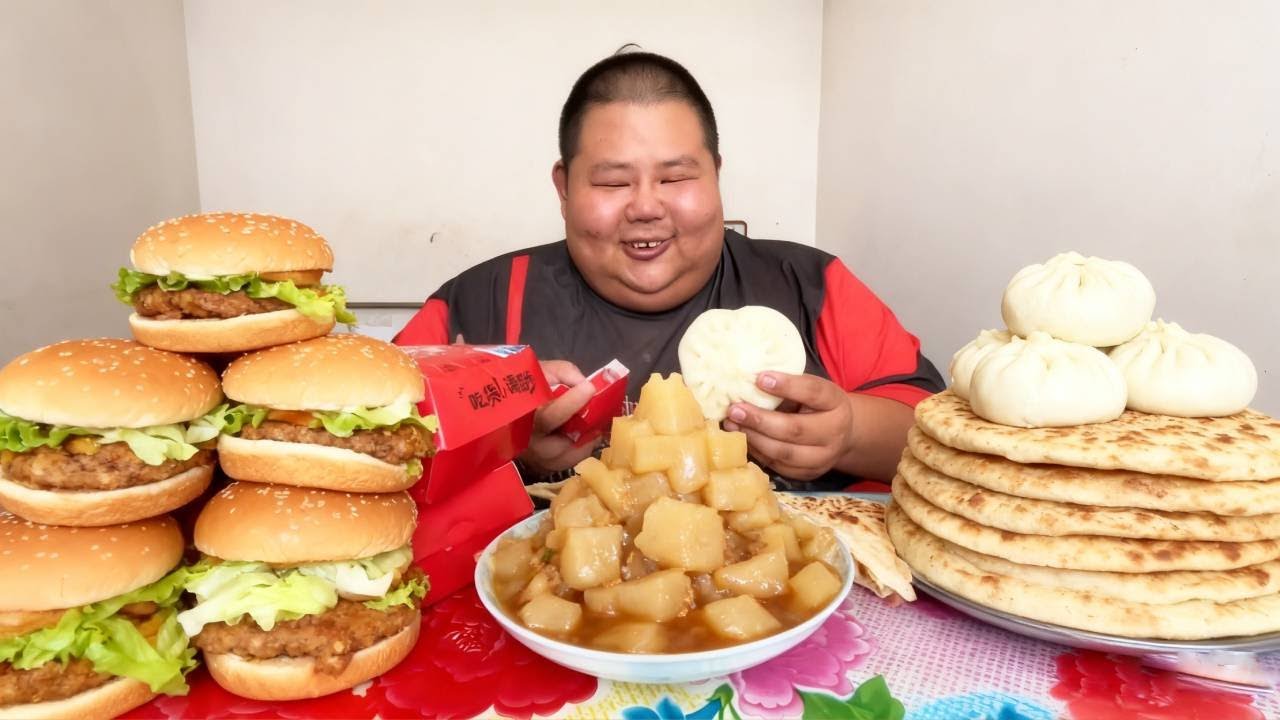 400斤良子今天饿晕了，今天是良子的经典美食返场，大饼卷焖子,猜猜今天良子偷吃了没？ #良子大胃袋 #美食 #吃播#良子大胃袋 #大胃王 #吃播