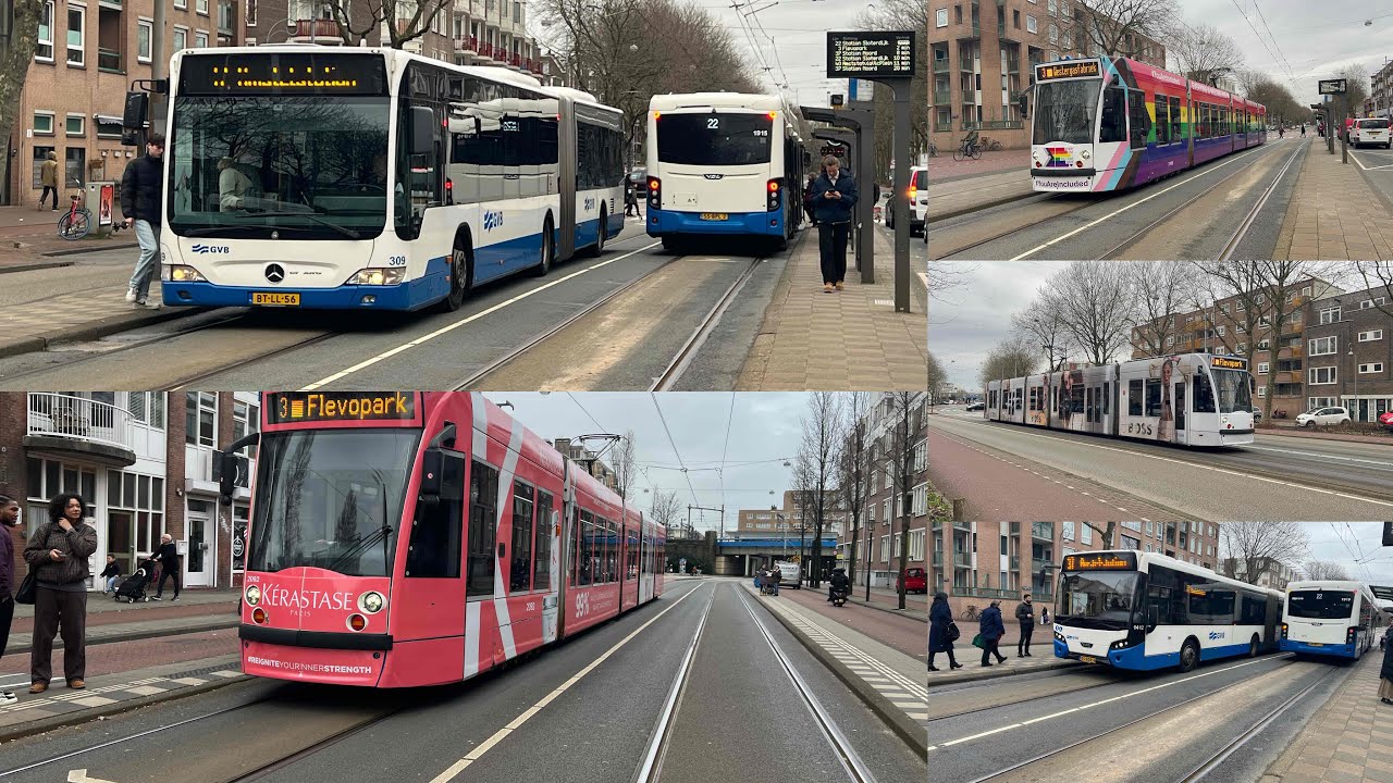Enkele bussen en trams op onder andere de Insulindeweg. 13-02-2024