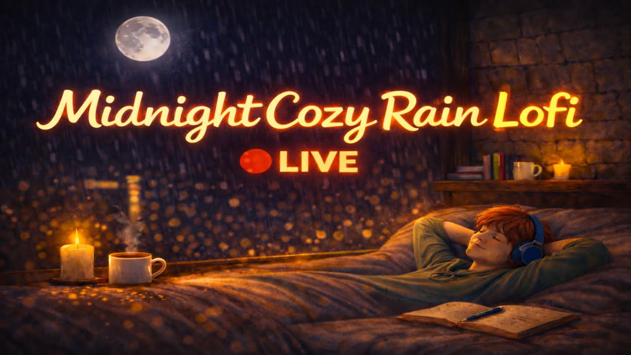 🔴 LIVE Midnight Cozy Rain LoFi 🌧️ Fireplace Ambience – Sleep / Relax / Study 🌙