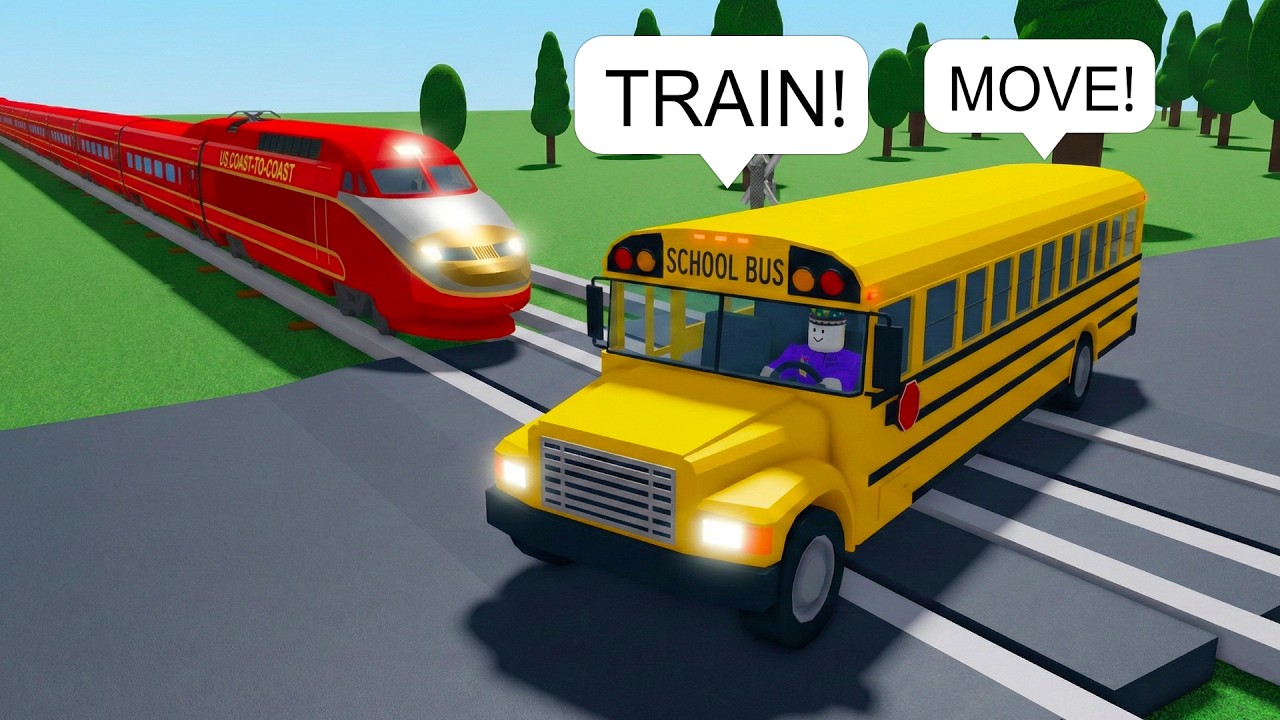 I Drive a School Bus on Train Tracks in Roblox BUT Train Is Coming!