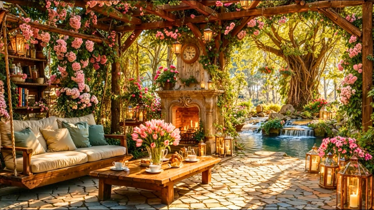 🌸POV: You’re Sitting Alone in a Dreamy Spring Garden ☕🌷 Soft Jazz & Cozy Fireplace Ambience for Work
