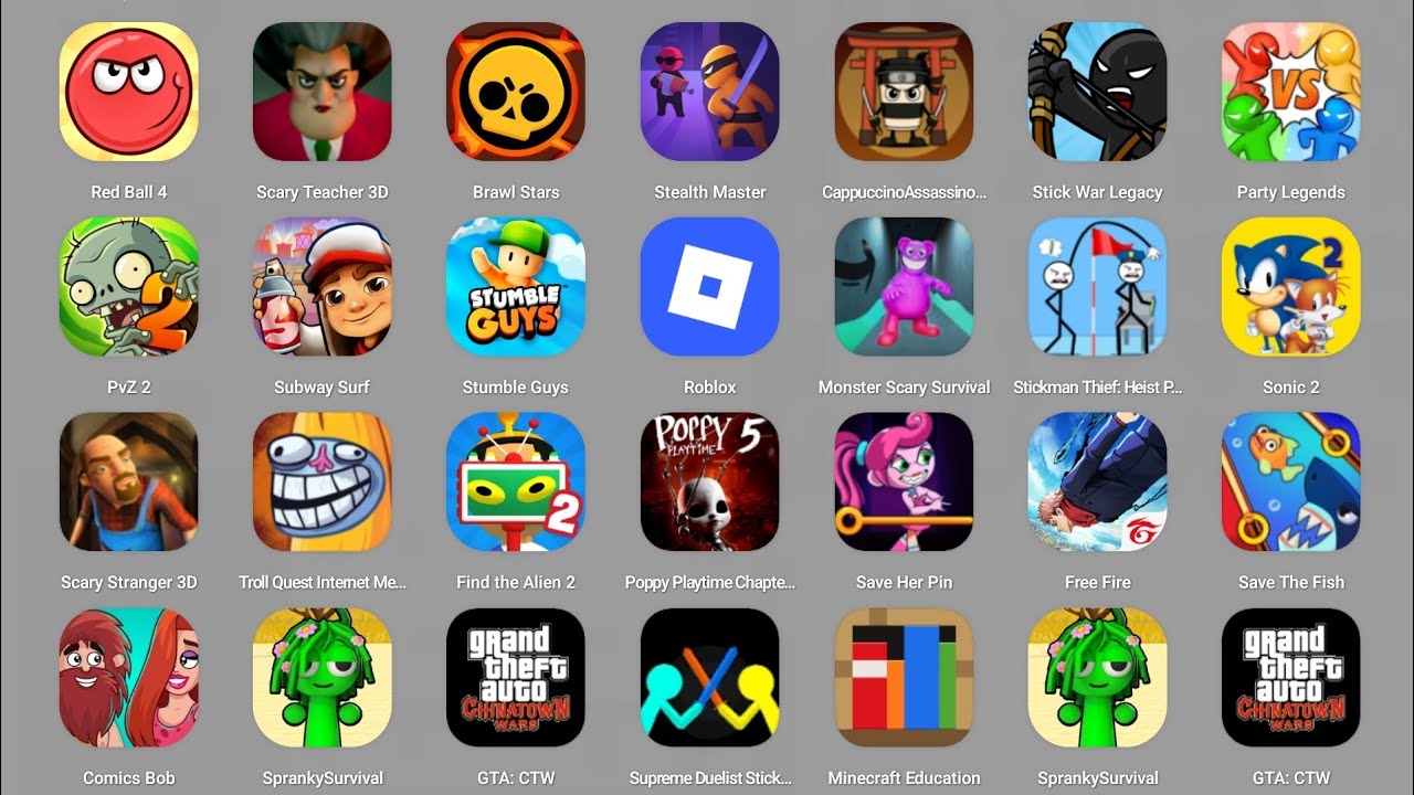 Minecraft, Roblox, Poppy Playtime 4, Draw Master, Scary Teacher 3D, Spranky Survival, Stumble Guys