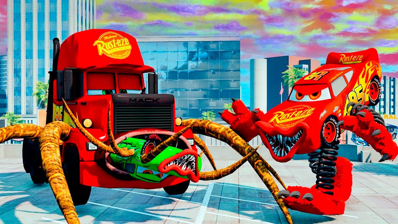 Epic battle between McQueen Eater & Mack Eater VS Siren Head & Choo-Choo Clown Eater | BeamNG.Drive