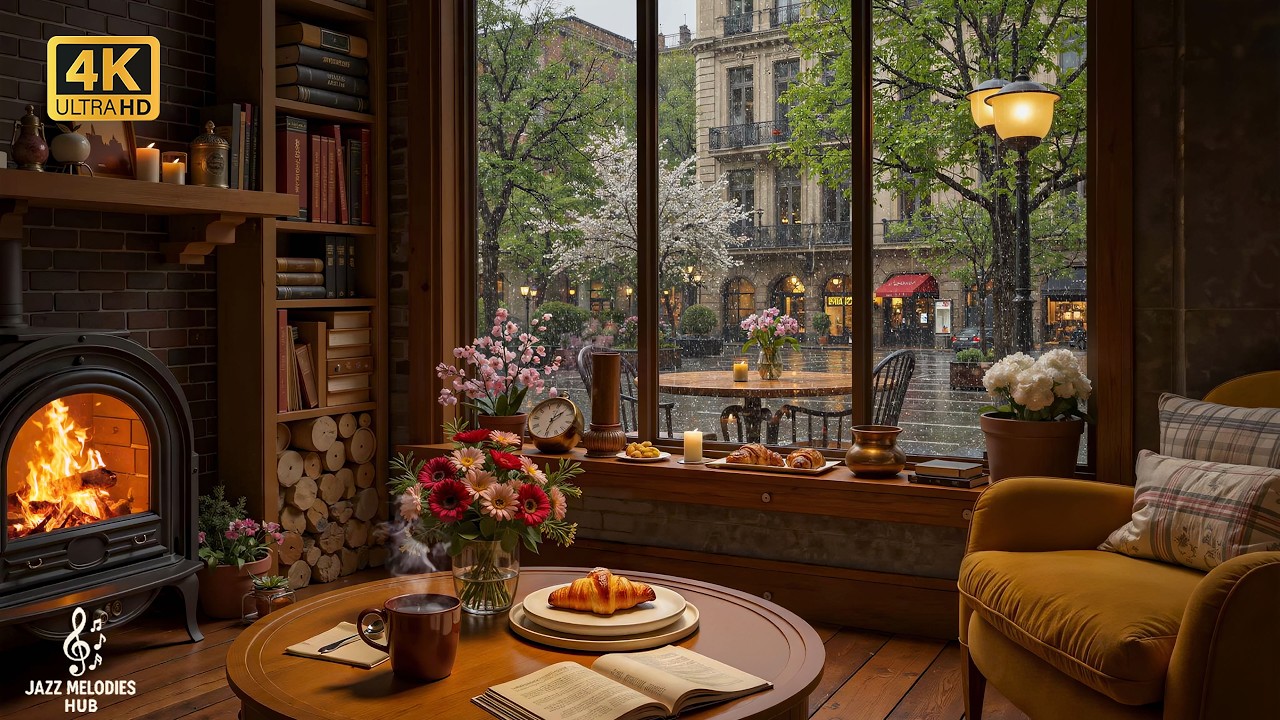 Rainy Spring Coffee Shop Ambience 🌿 Warm Fireplace, Smooth Jazz Mood & Rain Sounds for Chill Out