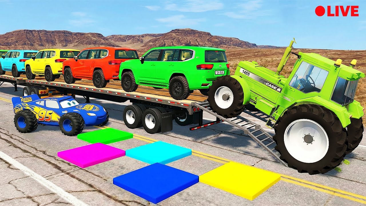 TRANSPORTING PIXAR CARS & FRUITS WITH COLORED & JOHN DEERE vs CLAAS vs TRACTORS - BeamNG.drive #22