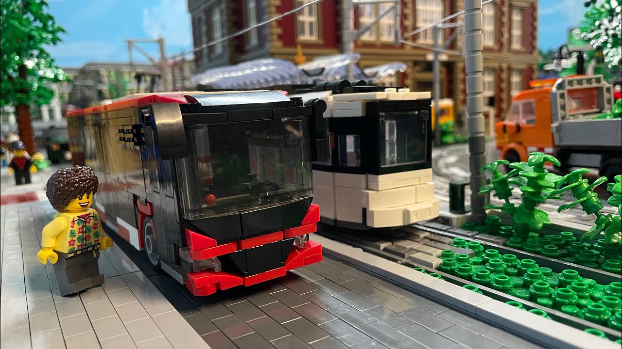 Autos - Stadtbusse  und Oberleitung für die Straßenbahn| lego Klemmbaustein Stadt Baustein
