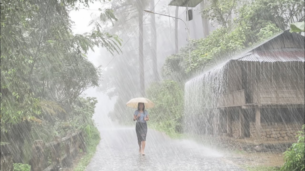 MOUNTAINS LIFE HIT BY HEAVY RAIN WITH NATURAL AND RELAXING VILLAGES, COLD RAIN WALK DAY