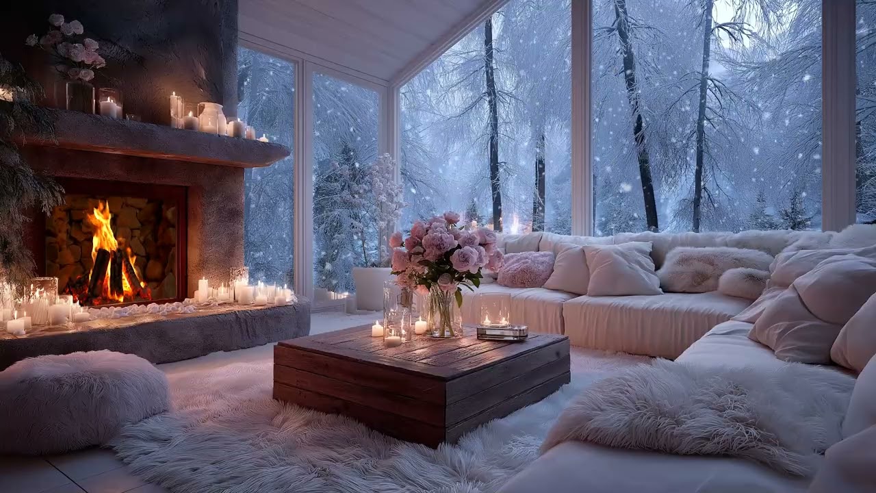 Romantic Winter Cabin Ambience with Crackling Fire and Snow Falling Quietly Outside
