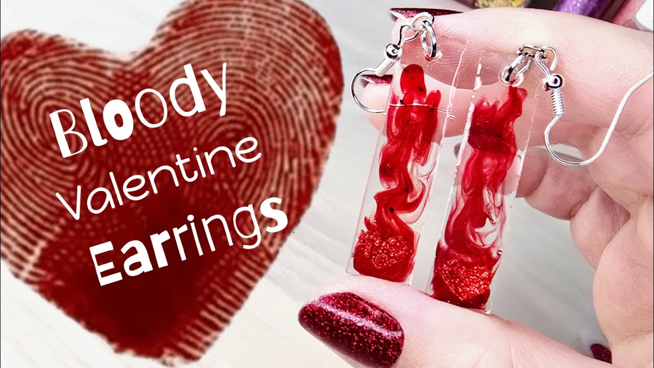 Bloody Valentine Resin Earrings with Glitter Red Heart Stickers! #uvresinjewelry #uvresincraft