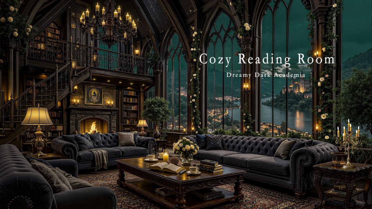 Rainy Night in a Gothic Library Reading Room 🌧️ Cozy Fireplace & Dark Academia Music for Study Focus