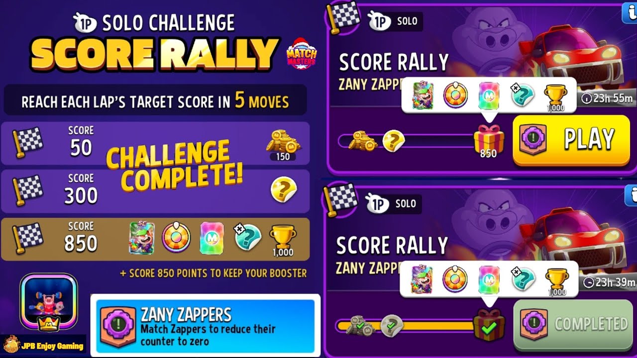 Solo Challenge Score Rally 5 move Zany Zappers 850 Score Match Masters.