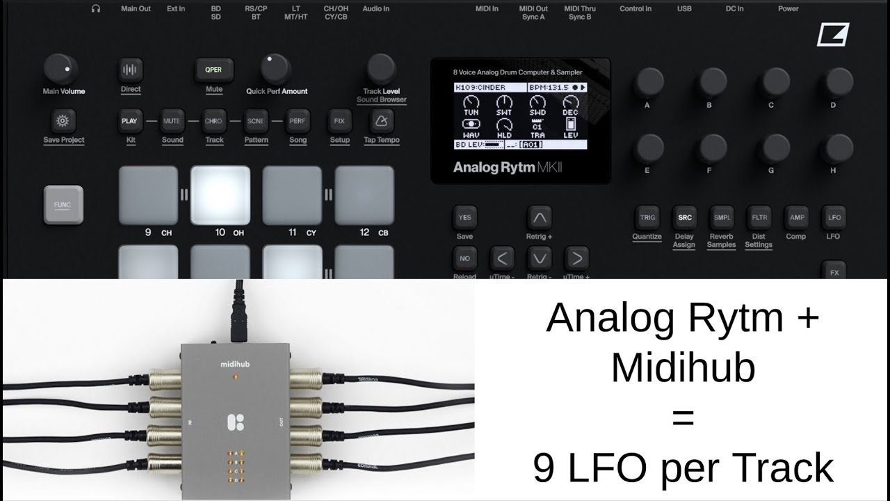 Analog Rytm + Midihub = 9 LFO per Track (+ Novation Launchpad XL)