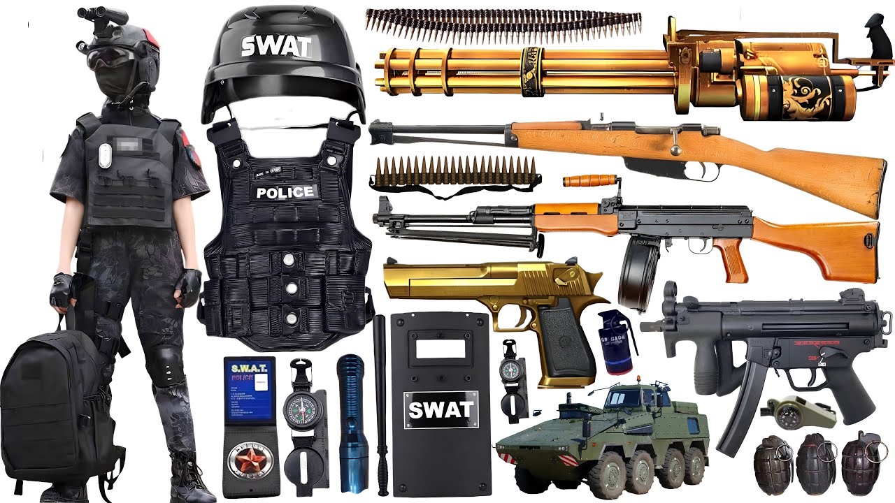 Unboxing of special forces toy guns: machine gun, UZI submachine gun, tactical helmet, Glock pistol