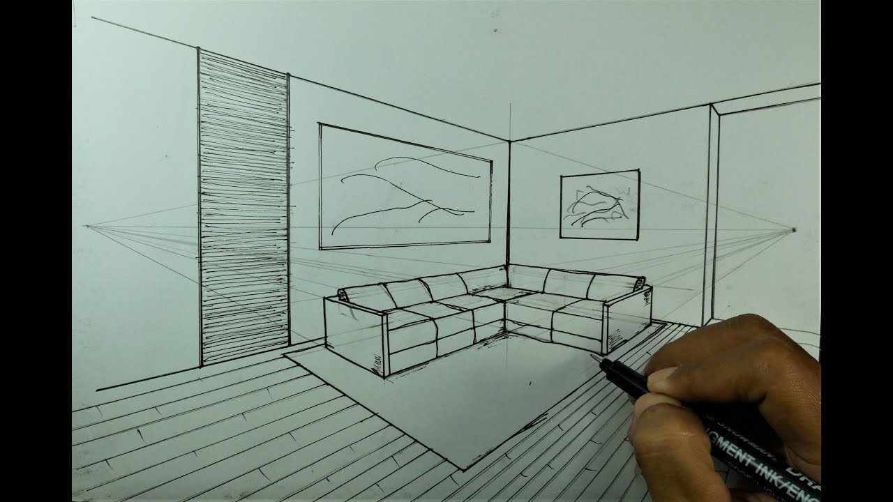How To Draw a Simple Living Room - Sofa in 2 Point Perspective