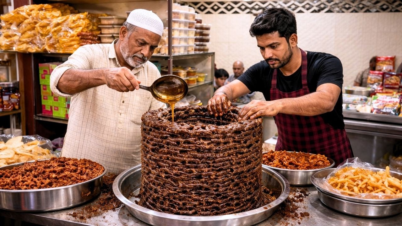Unbelievable Street Dessert! Giant Jeerani Sweet Tower Made Live 🍯🔥 | Indian Street Food #making