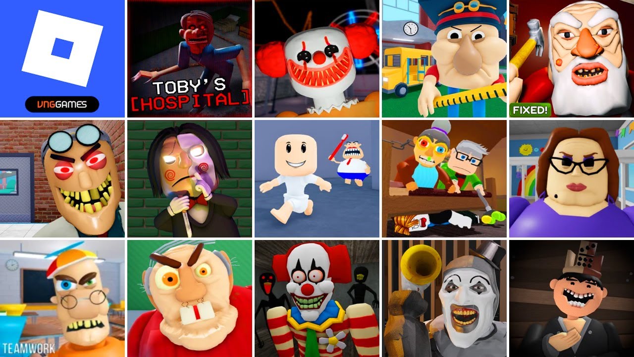 Roblox, Toby's HOSPITAL, MR CRAZY'S CARNIVAL, EPIC SCHOOL, RUN FROM GRANDPA, TEAM GRANDMA, Bob the..