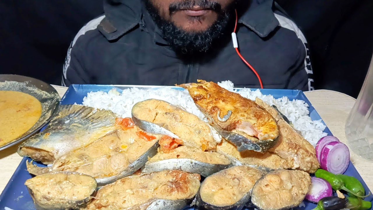 ASMR EATING ROHU FISH FRY🐟, FISH GRAVY WITH RICE, JHOLE FISH GREEN CHILLIES & ONION SALAD MUKBANG!!!