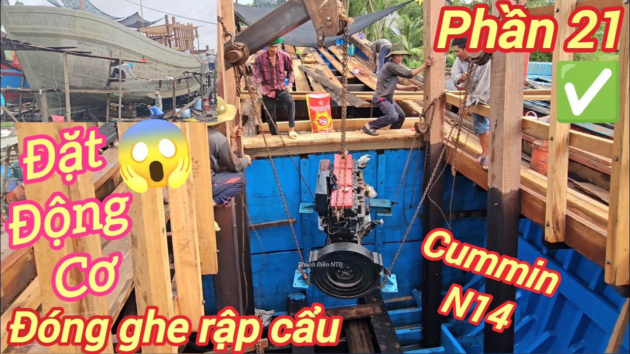 Đóng ghe rập cẩu p21☆Đặt động cơ và xem thợ lắp keo composite