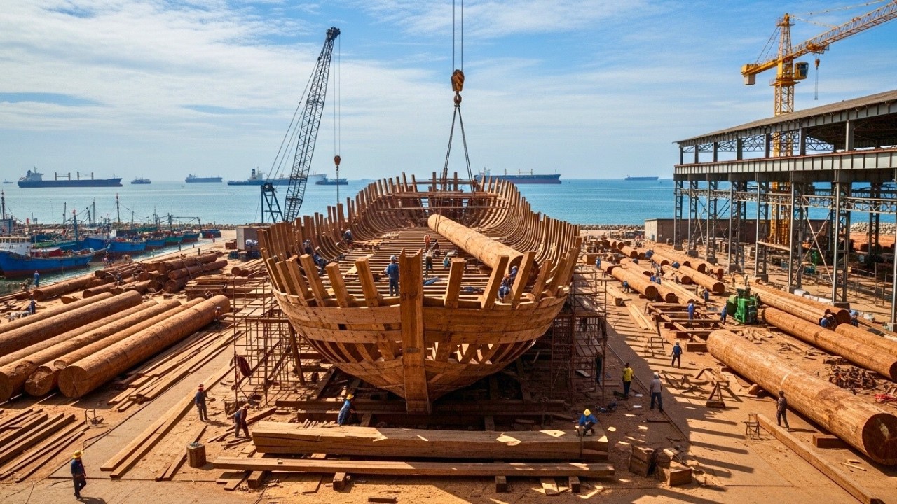 How Giant Wooden Boats Are Built From Huge Tree Logs  Incredible Shipyard Factory Process