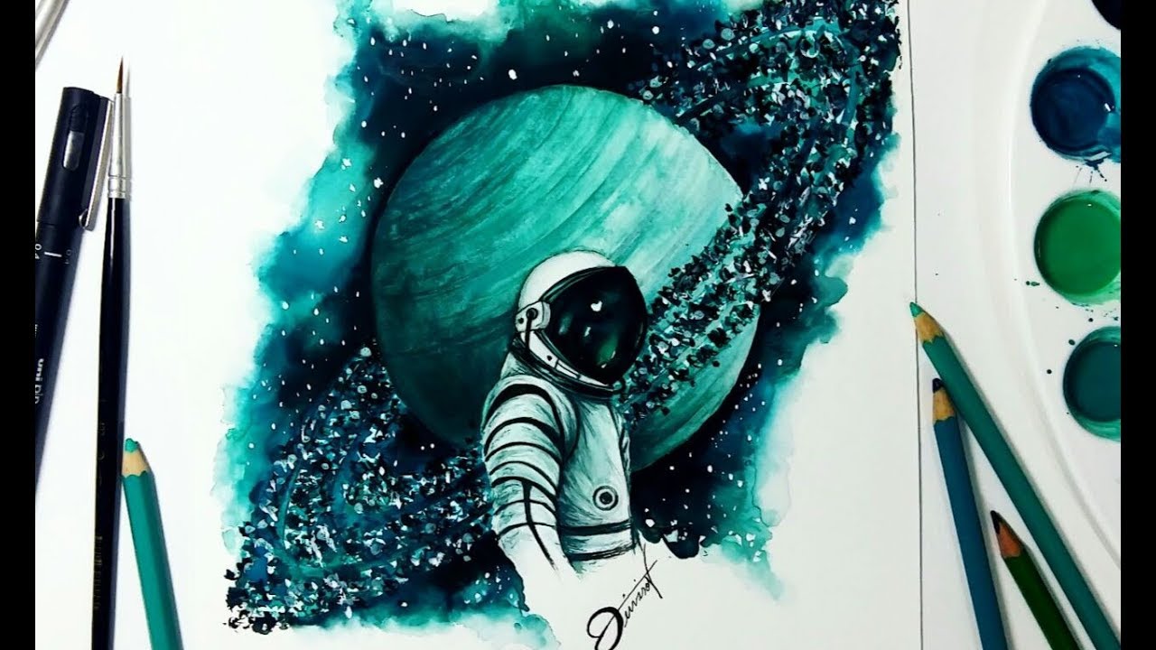 Speed Drawing - Astronaut In Saturn 【Aquarela /Watercolor Speedpaint】