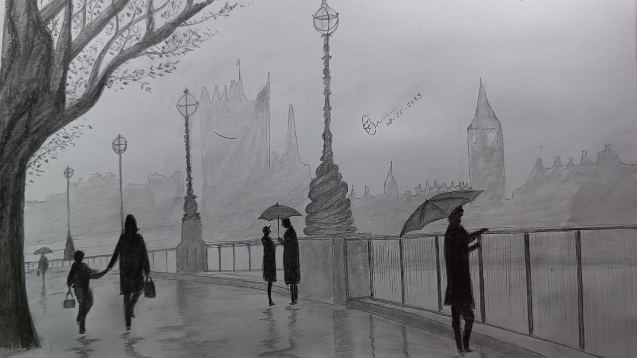 How to draw scenery.London scenery, pencil landscape.
