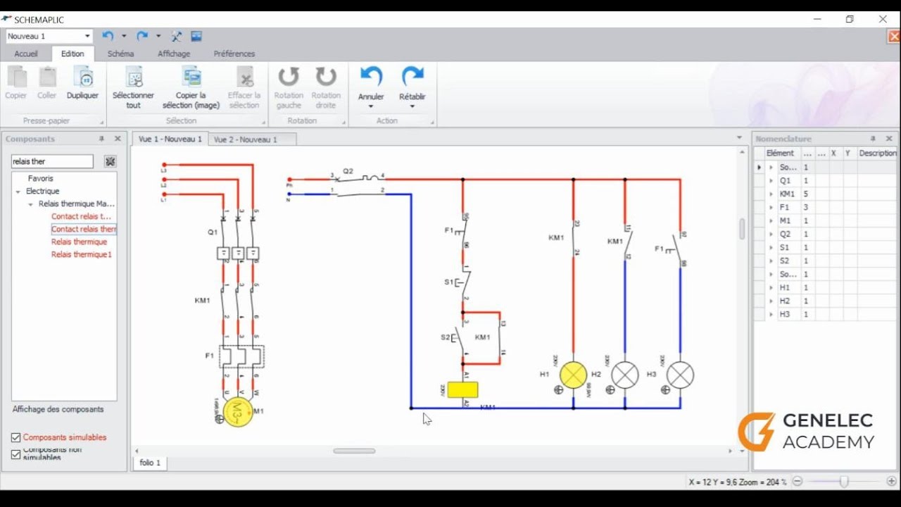 Simulation sur logiciel Schemaplic d'un démarrage direct à un sens de marche de moteur triphasé