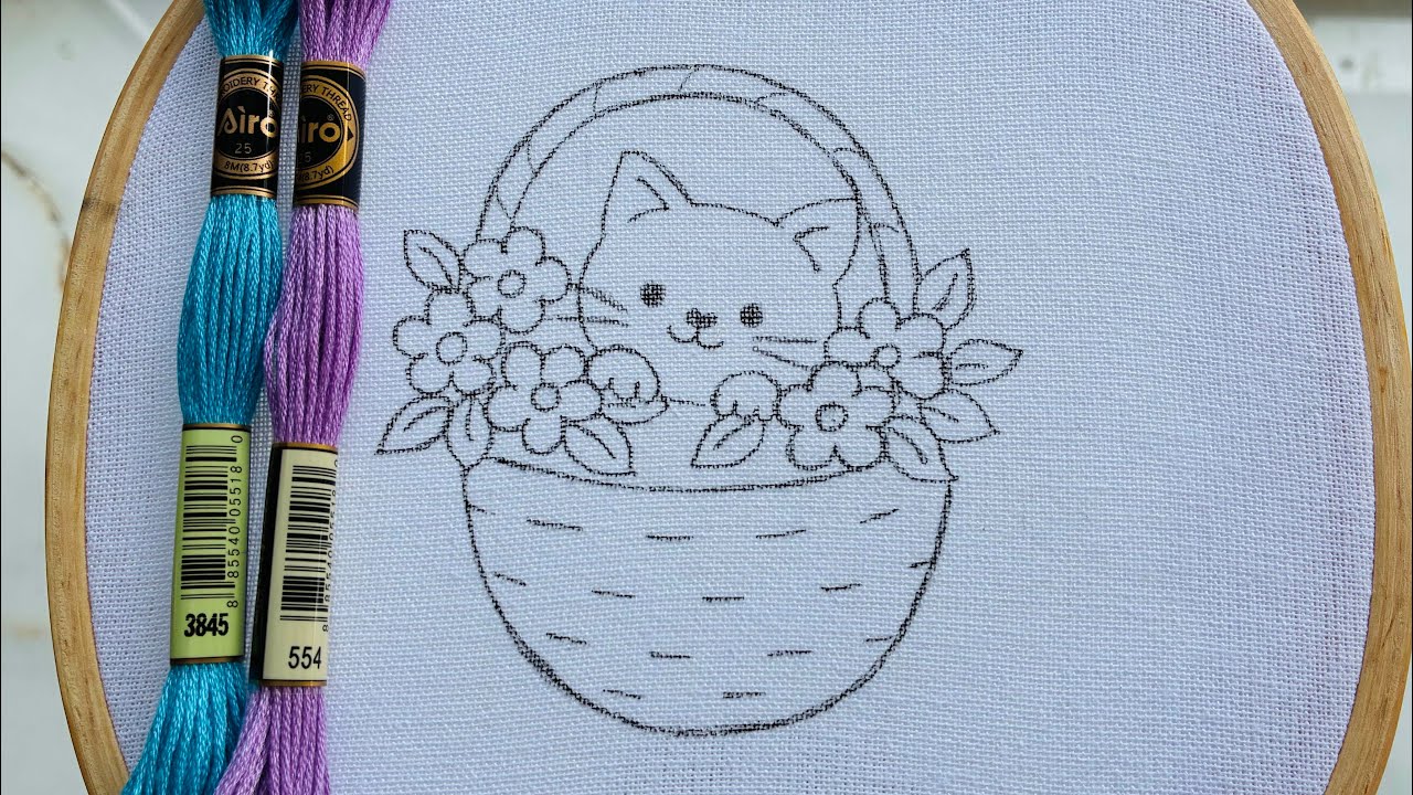 SIMPLE KITTEN IN A FLOWER BASKET HAND EMBROIDERY DESIGN FOR BEGINNERS 