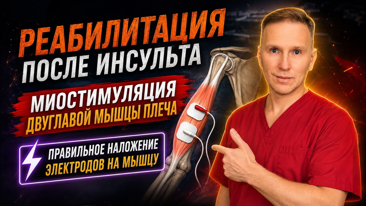 Реабилитация после инсульта. Миостимуляция бицепса плеча. Правильное наложение электродов.