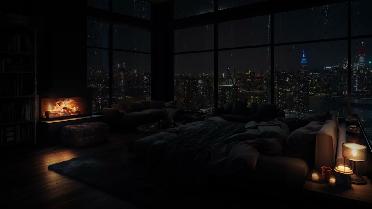 Rain Outside the Window &ndash; Warm City Room Ambience with Fireplace Sounds